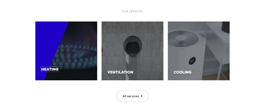 Three link cards from section of a HVAC website with the first card showing a hover over effect.